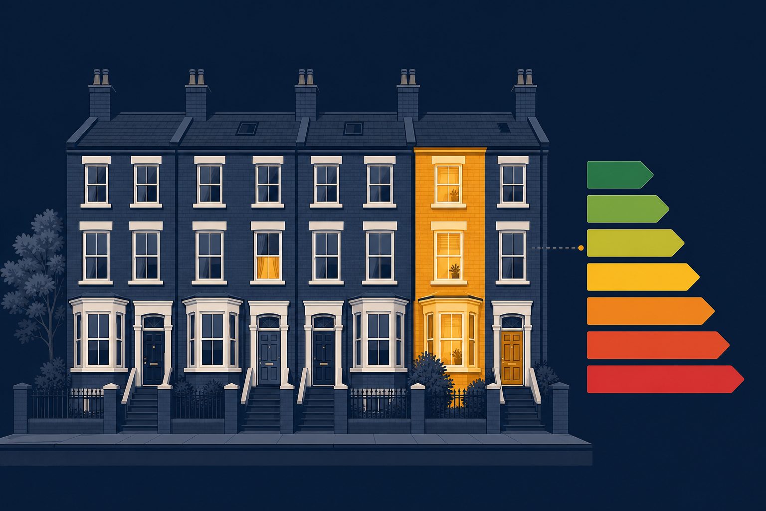 Row of British flats with one highlighted and energy rating arrows beside the building