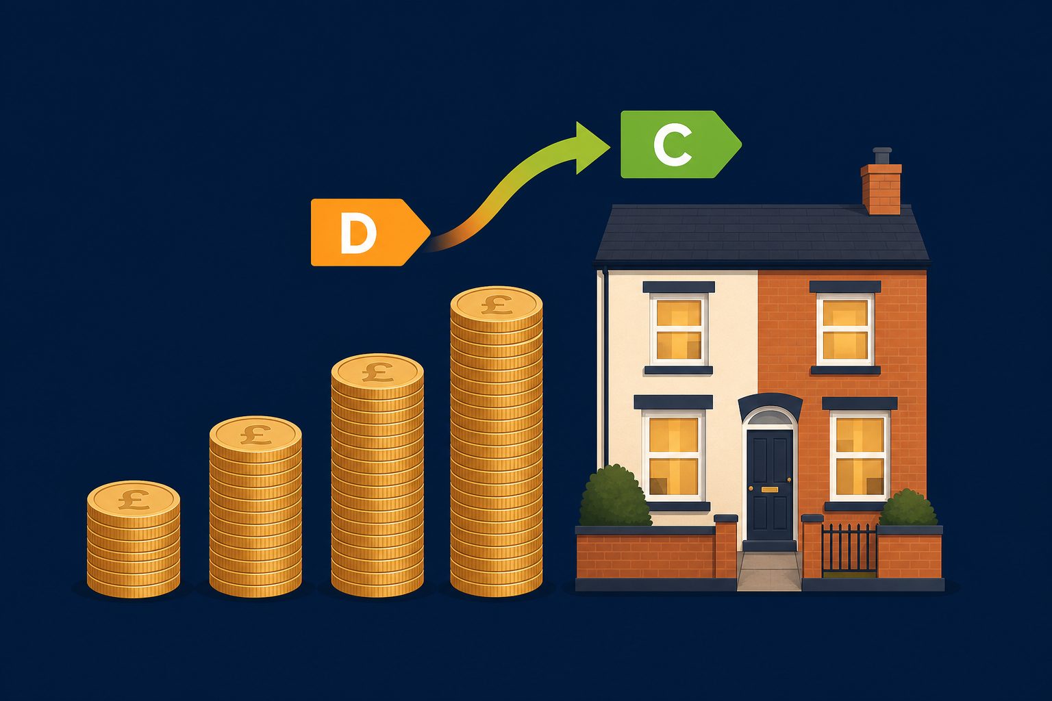 Stacks of pound coins as a bar chart beside a terraced house with an EPC arrow moving from D to C