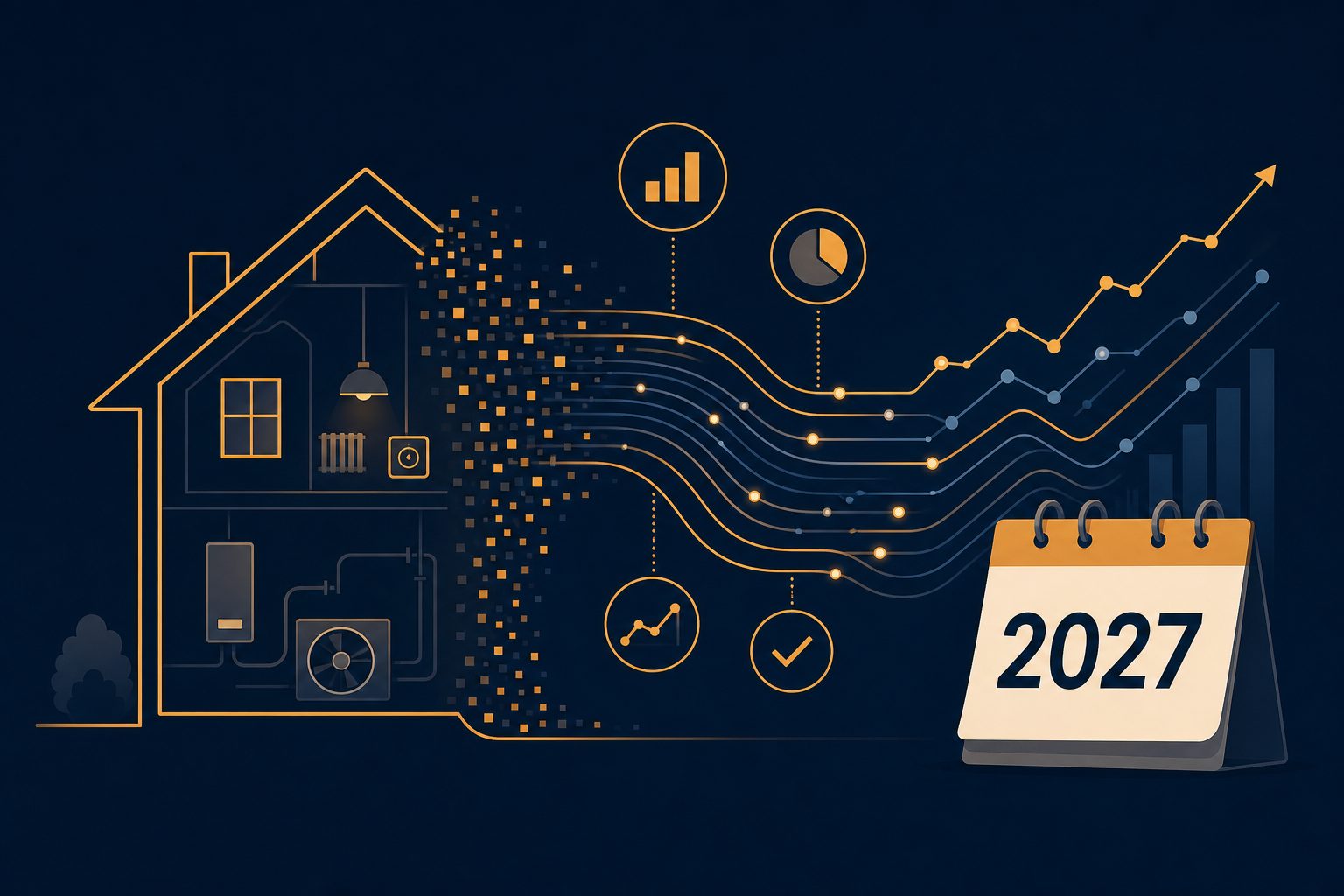 House outline transforming into data streams beside a 2027 calendar page