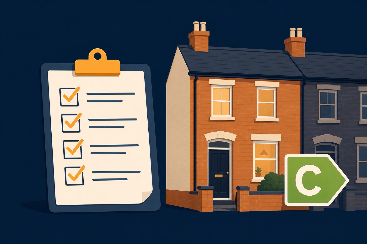Clipboard checklist with ticked boxes beside a terraced house showing a green C energy label