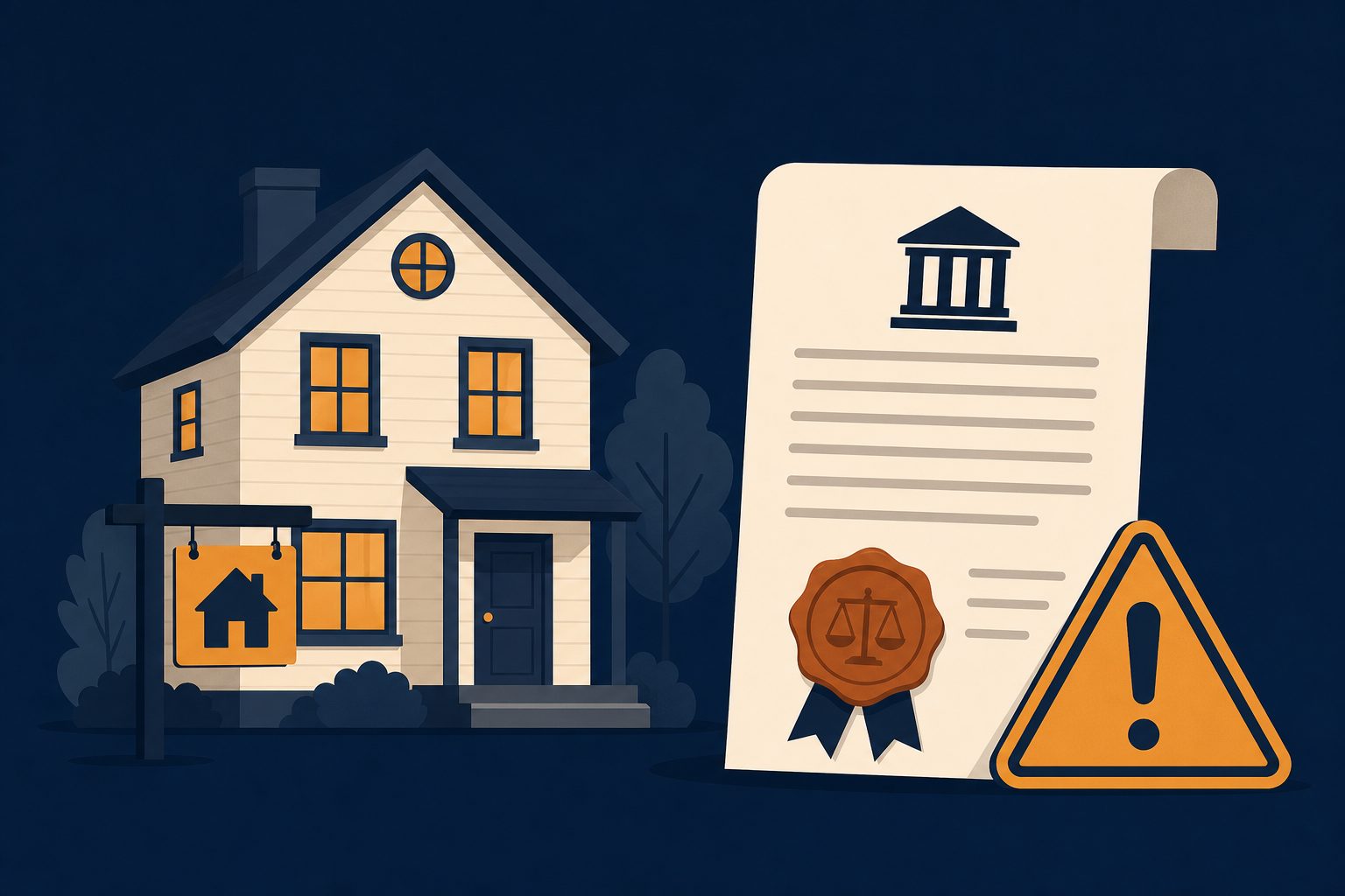 Rental house beside an official sealed document and a warning triangle representing MEES rules