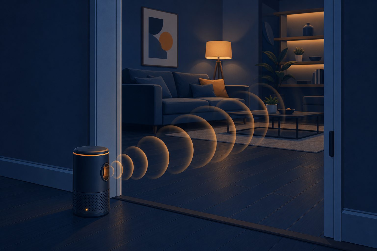 Pulse air tightness testing unit releasing an air pulse in a living room